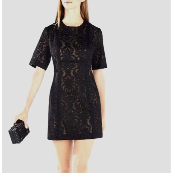 BCBGMaxAzria Dress 2 Black Lace Sheath Ceara Short Sleeve Cocktail - Picture 10 of 11